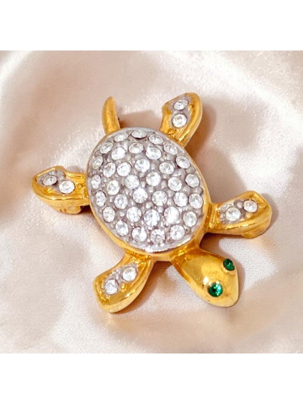 Vintage Joan Rivers Gold-Tone Turtle Brooch with Rhinestones and Green Eyes